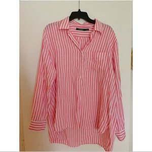 Striped linen half button pullover blouse